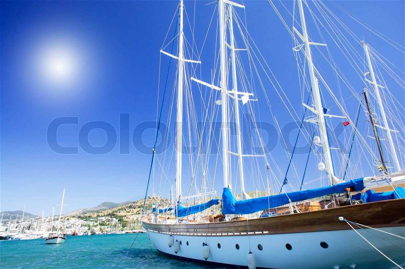 Splendid yachts at coast Aegean sea, stock photo