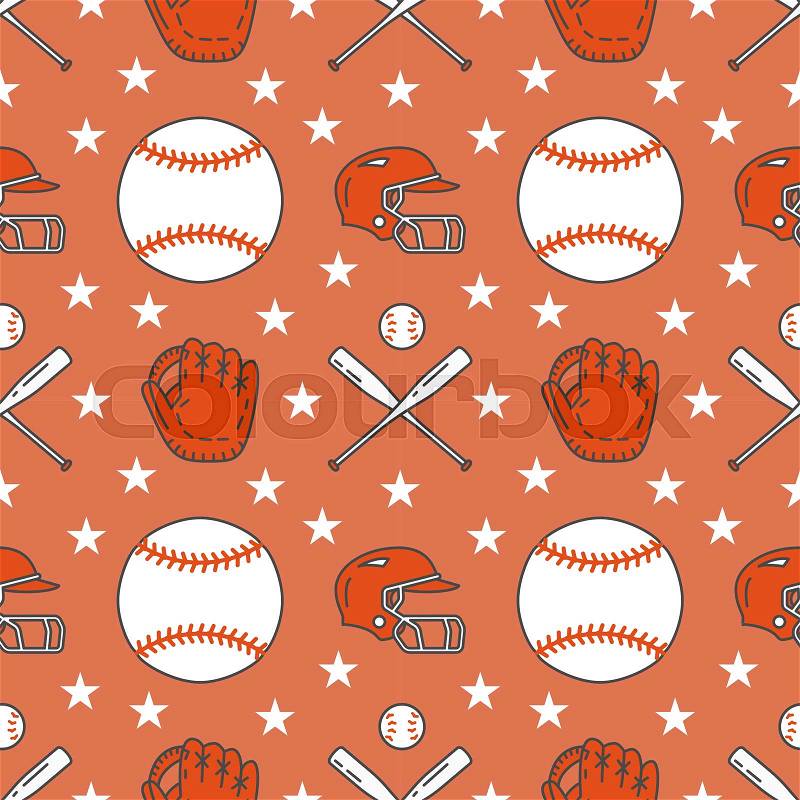Baseball, softball sport game vector seamless pattern, background with line icons of balls, player, gloves, bat, helmet. Flat signs for championship, equipment store, vector