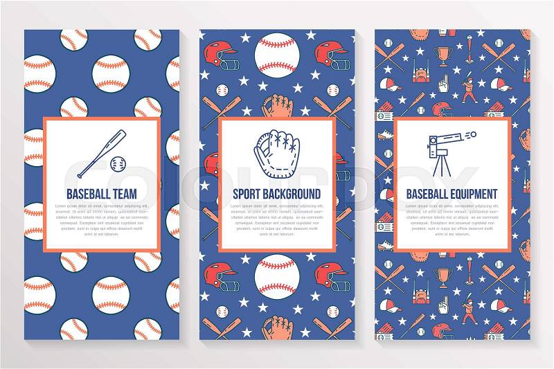 Baseball, softball sport game brochure template, flyer. Vector trifold colored blue background. Equipment thin line icons - bats, balls, field. Illustration for team poster, vector