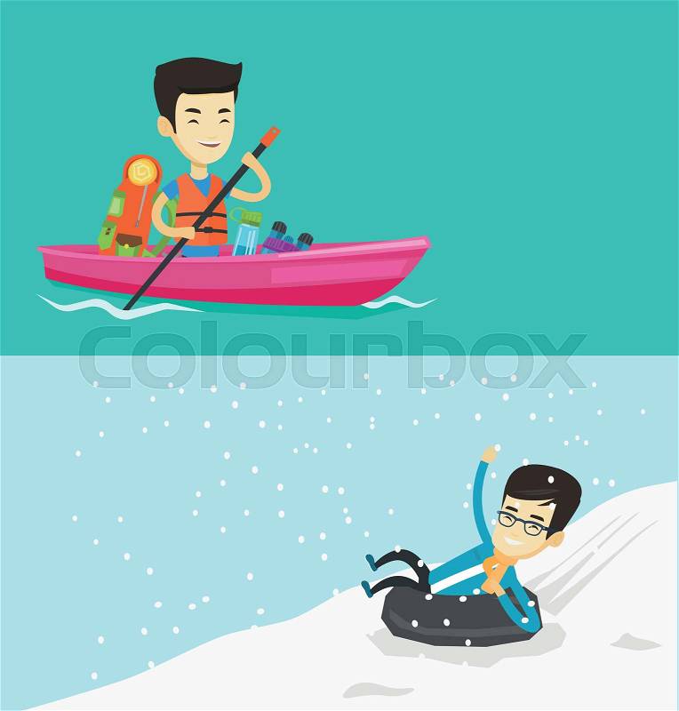 Two travel banners with space for text. Vector flat design. Horizontal layout. Cheerful asian man traveling by kayak. Man riding in a kayak with skull in hands and some tourist equipment behind him, vector