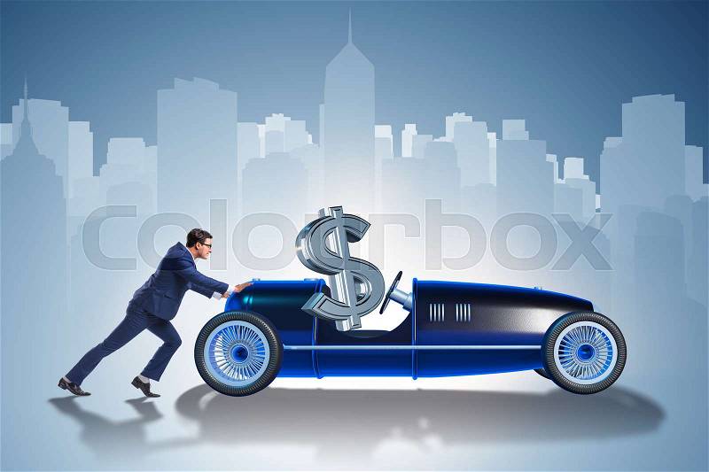 Businessman pushing car with dollar in driving seat, stock photo