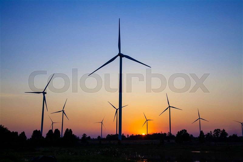 Wind turbine sunset background ecosystem vintage. wind turbine silhouette. wind turbine power. wind turbine tower. wind turbine technology, stock photo