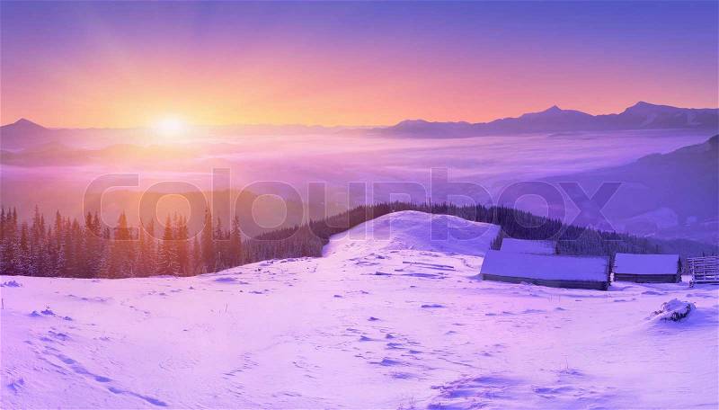 Colorful winter sunrise in the mountains, stock photo