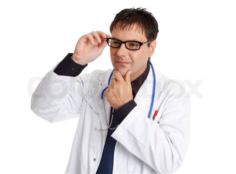 Doctor, veterinarian or medical worker thinking or pondering something, stock photo