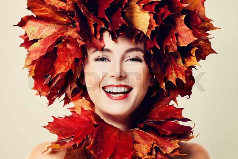 Happy Fashion Model, Autumn Holiday. Face Closeup, stock photo