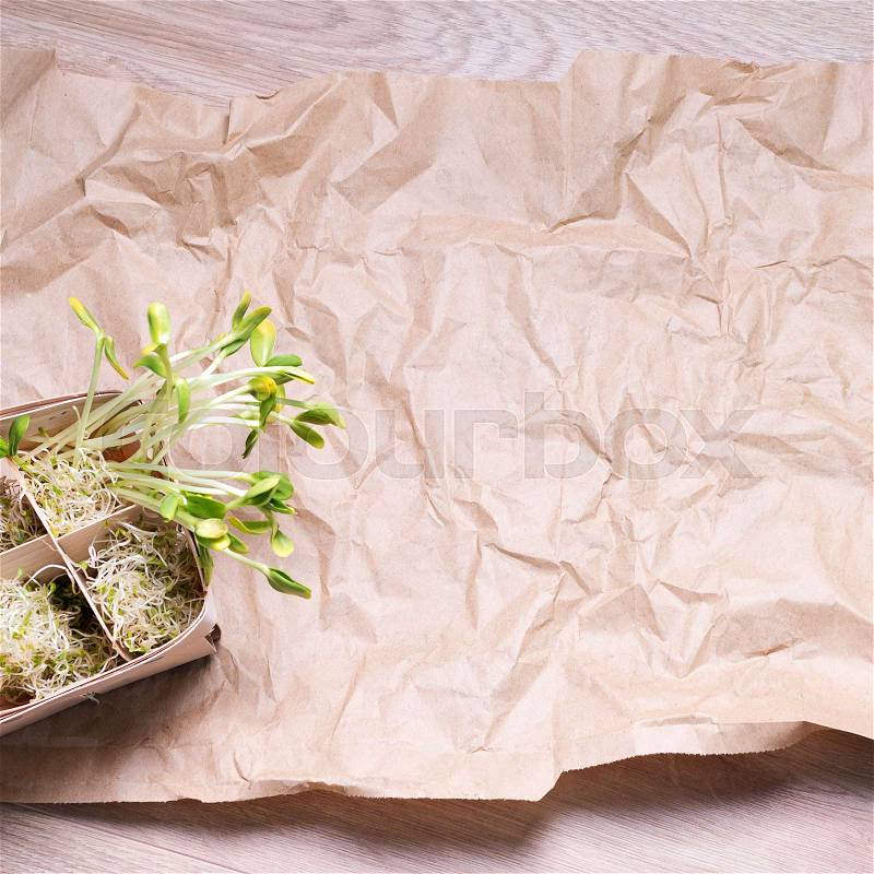 Mixed organic micro greens on craft paper. Fresh sunflower and heap of alfalfa micro green sprouts for healthy vegan food cooking. Healthy food and diet concept. Cut microgreens, top view with copy space, stock photo