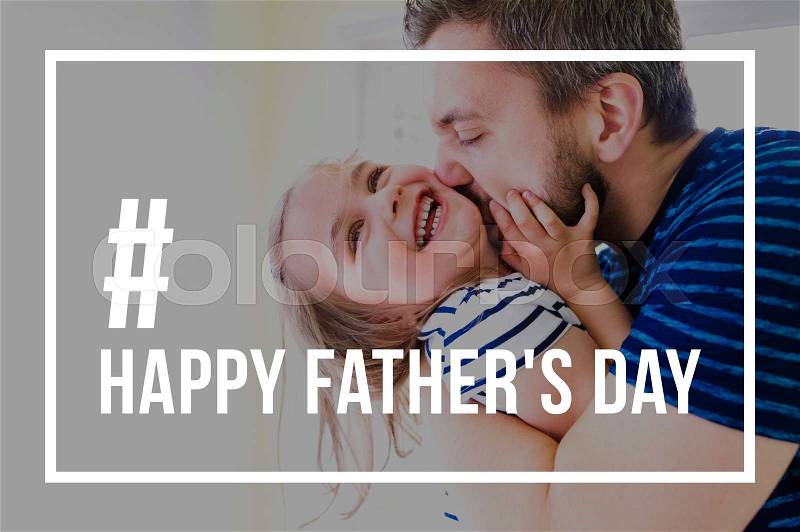 Hipster father kissing his little daughter. Happy Fathers day hashtag, stock photo