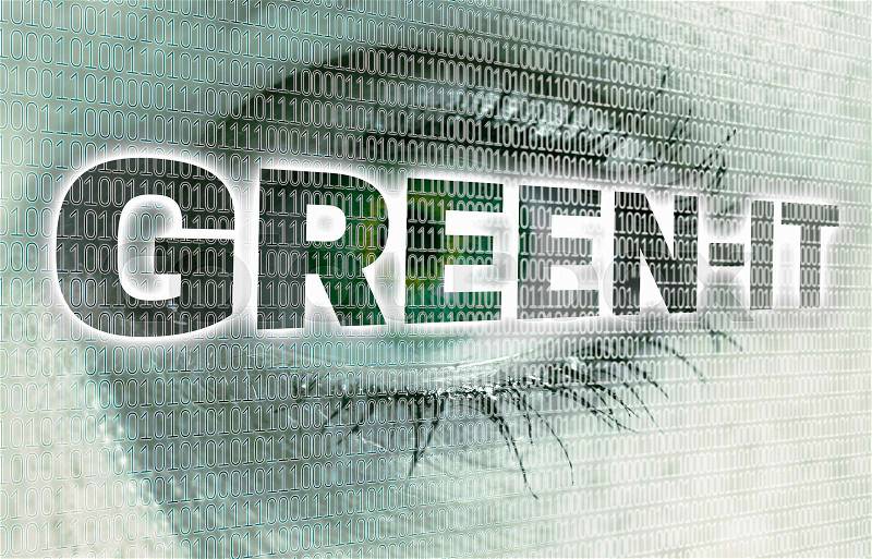 Green IT eye with matrix looks at viewer concept, stock photo