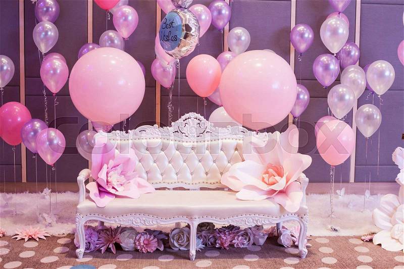 The sweet room with pink and purple balloon for Background.Romantic chair, stock photo