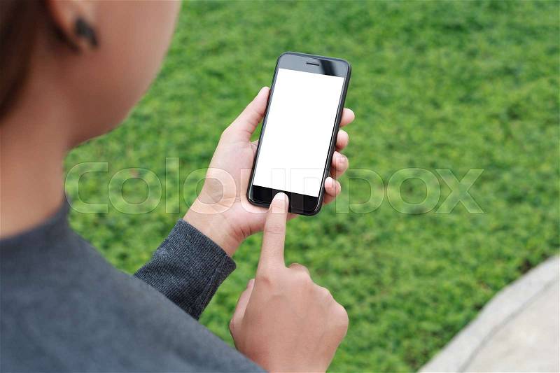 Woman use phone white blank screen outdoor lifestyle, stock photo
