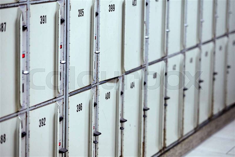 Lockers storage compartments with numbers. Locker in train station, stock photo