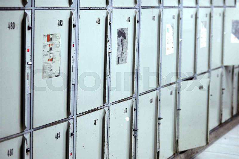 Lockers storage compartments with numbers. Locker in train station, stock photo