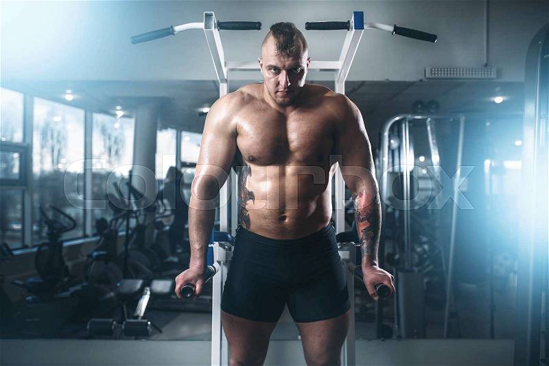 Muscular athlete exercise on uneven bars in sport gym. Strong athlete exercise with weight, bodybuilding workout, stock photo
