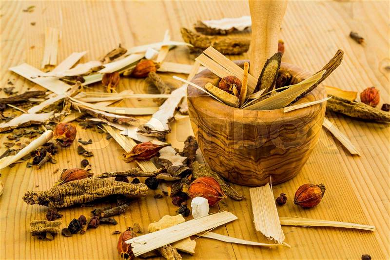 Ingredients for a cup of tea in traditional chinese medicine. cure diseases by alternative methods, stock photo
