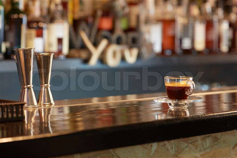 Cup hot espresso on the bar counter, stock photo