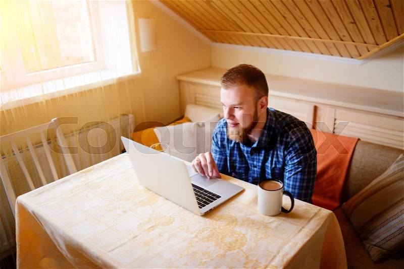 Relaxed young professional surfing the Internet on his laptop in a a dining room, stock photo