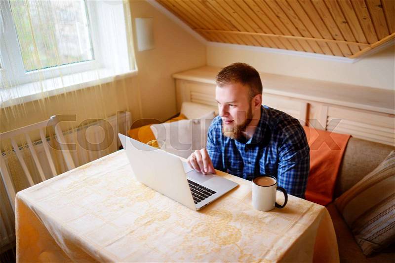 Relaxed young professional surfing the Internet on his laptop in a a dining room, stock photo