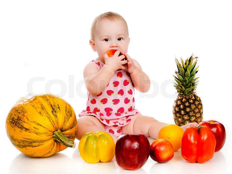 Child with vegetables and fruits on white | Stock Photo ...