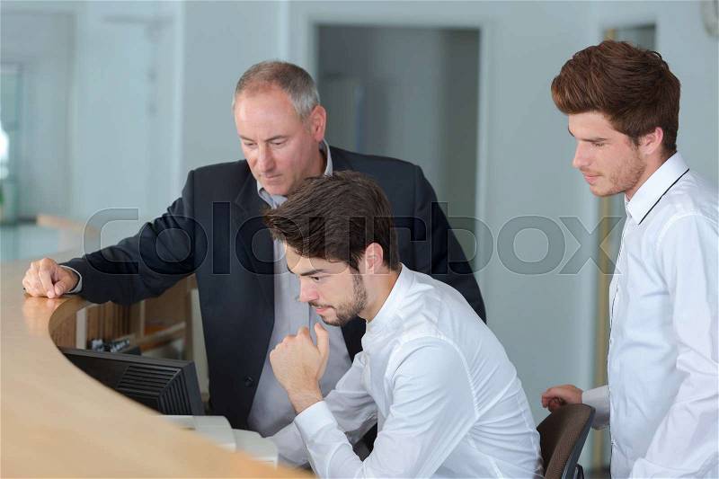 Men behind reception desk looking at computer, stock photo
