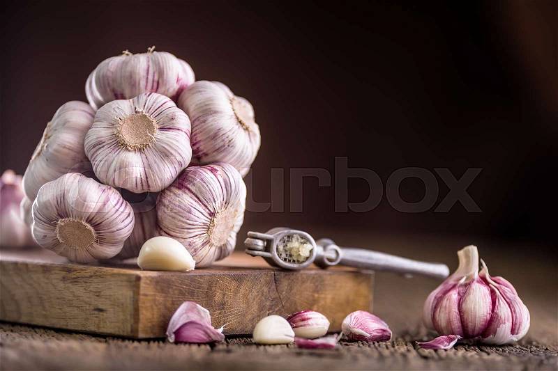 Garlic. Fresh garlic bulbs on old wooden board. Red violet garlic, stock photo