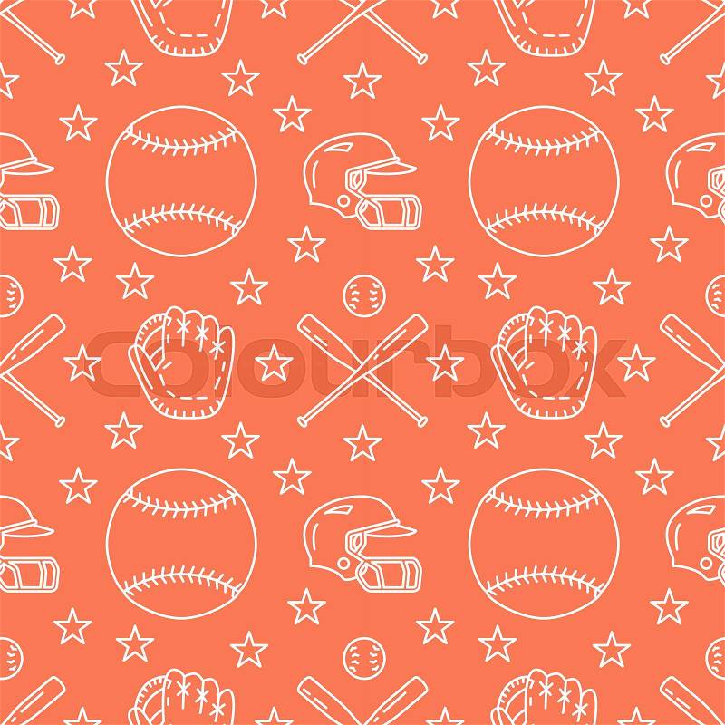 Baseball, softball sport game vector seamless pattern, orange background with line icons of balls, player, gloves, bat, helmet. Flat signs for championship, equipment store, vector