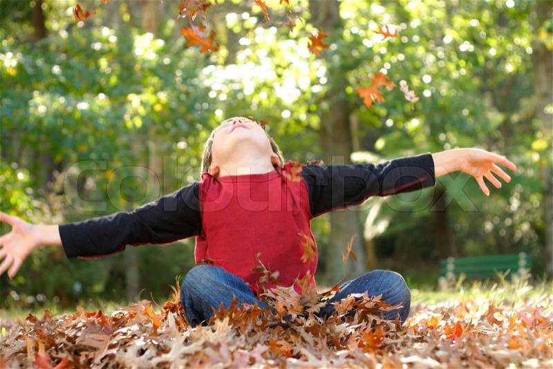 A boy throws fallen leaves up into the air There is some motion in the hands and falling leaves, stock photo