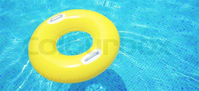 Rubber ring floating in transparent blue tiled pool banner, stock photo