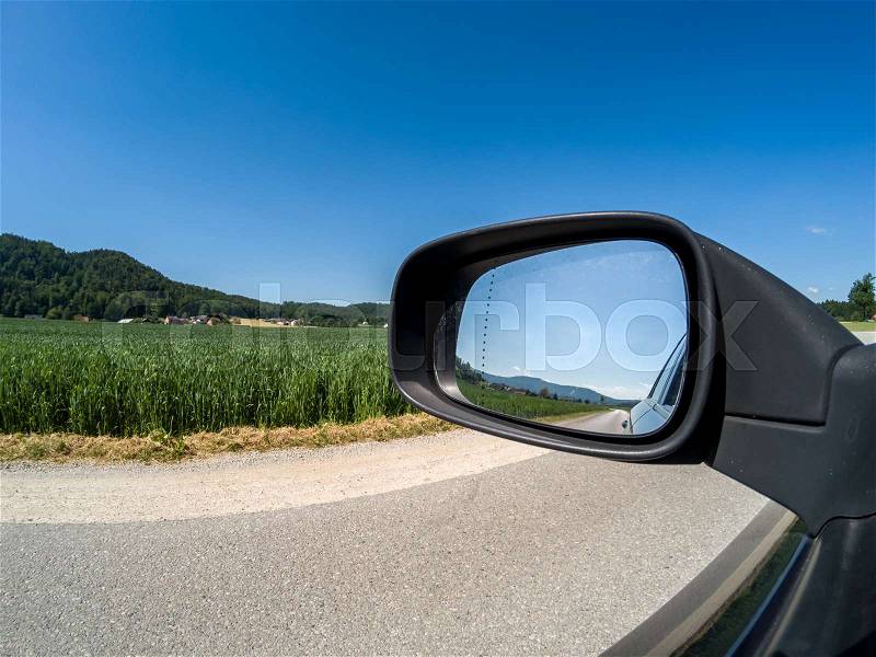Road and side mirror good sunny weather, stock photo