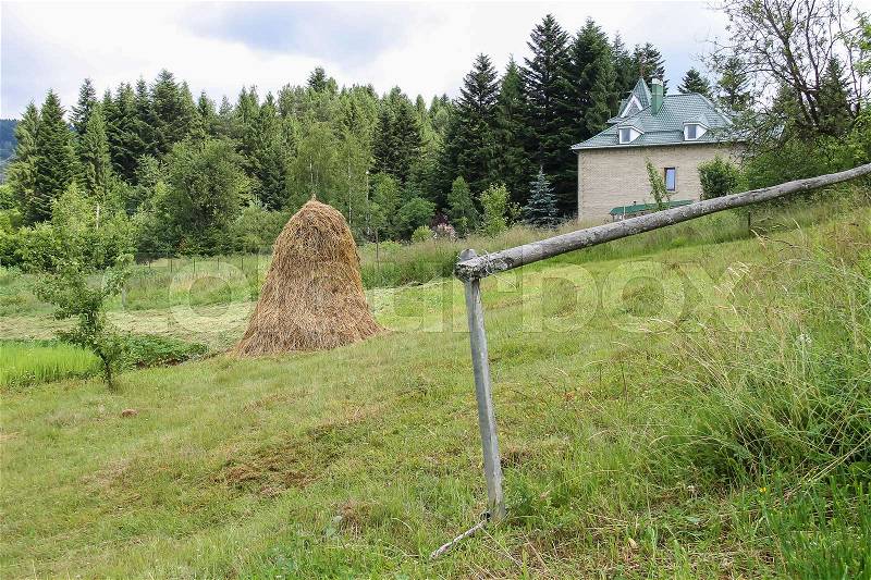 Haystack on green lawn near modern house on forested hill, stock photo