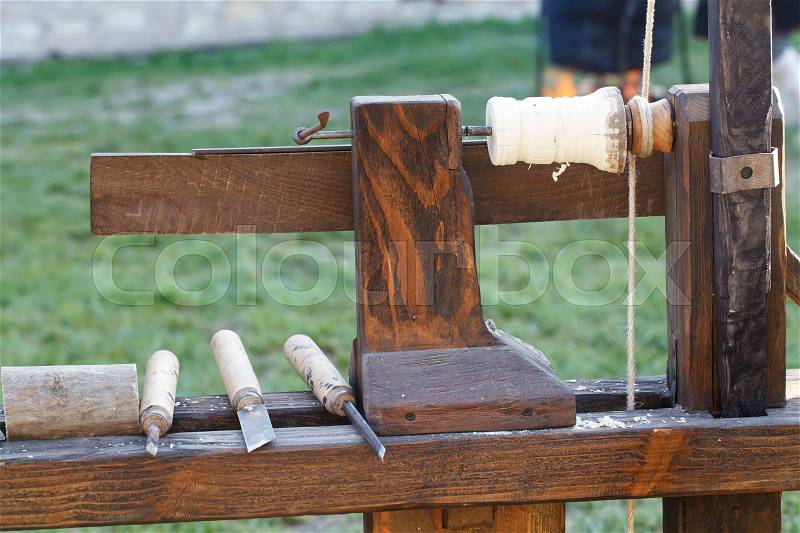 Historic Wood Turning Machine , medieval historical hand tools, stock photo