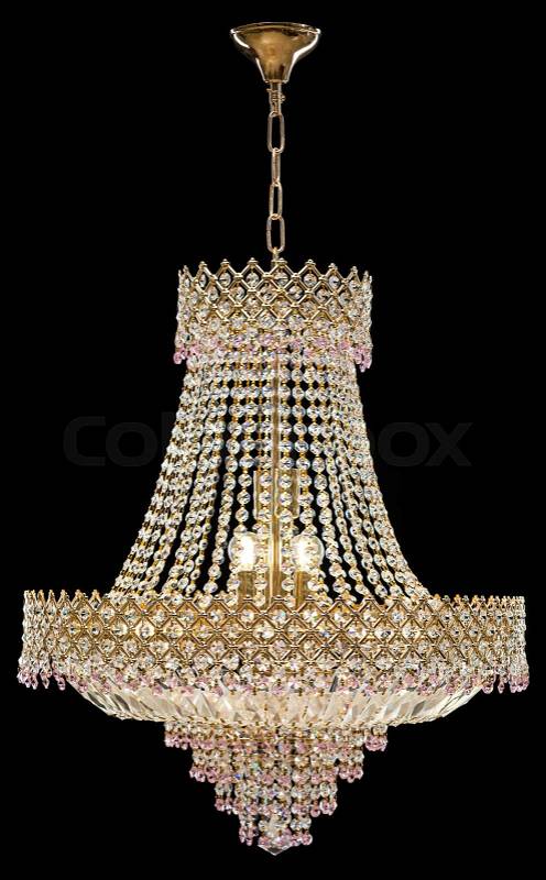 Large crystal chandelier in baroque style isolated on black background. Luxury royal expensive chandelier for living room, Hall of celebration, stock photo