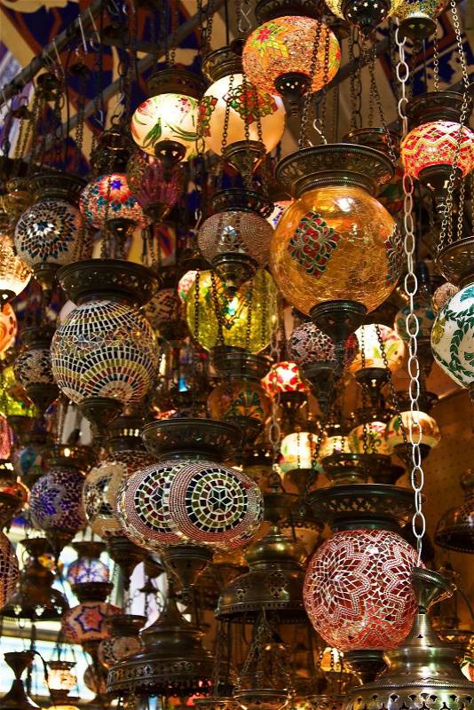Traditional turkish lamps on the market, stock photo