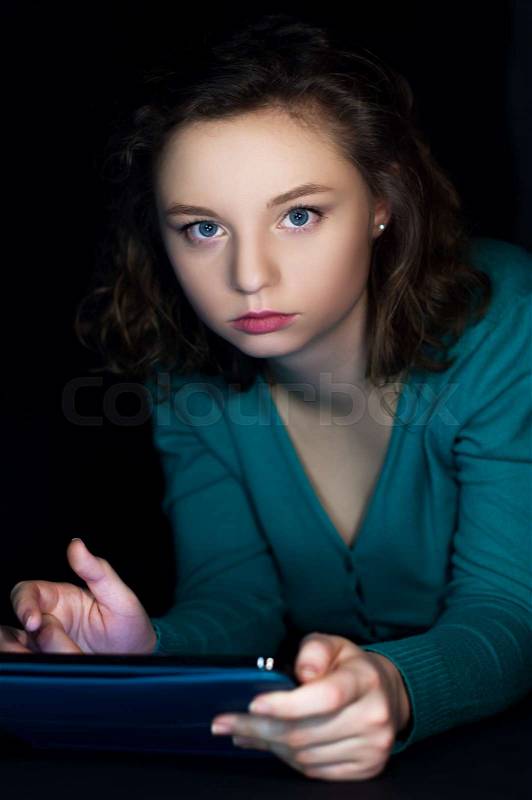 Violation of sleep, the girl is sitting on the Internet, stock photo