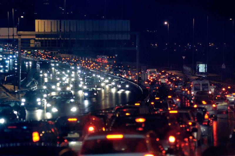 Automobile congestion (traffic jam) in the evening rush hour, stock photo