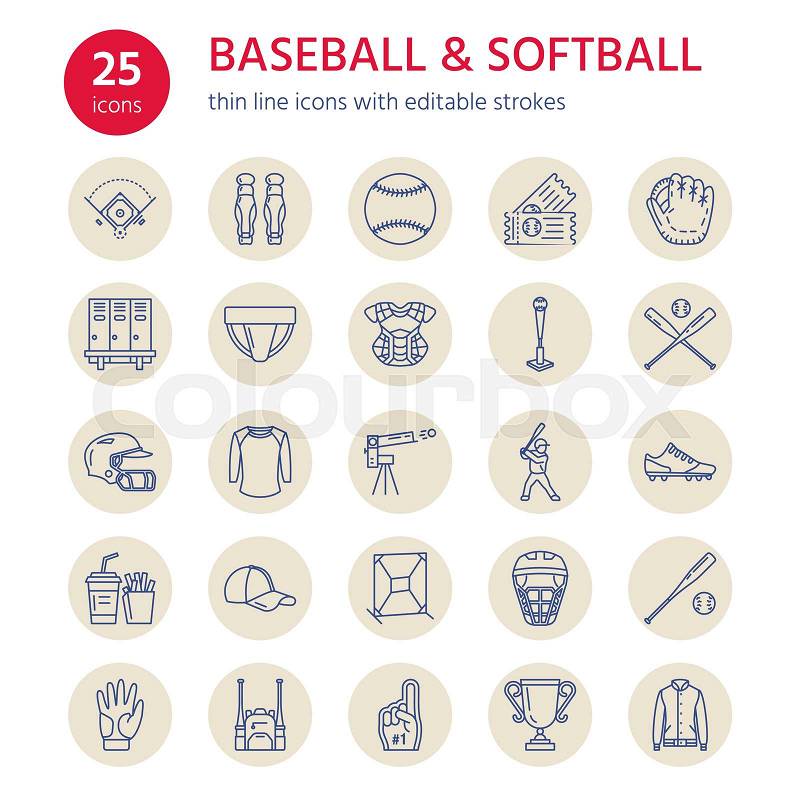 Baseball, softball sport game vector line icons. Ball, bat, field, helmet, pitching machine, catcher mask. Linear signs set, championship pictograms with editable stroke for event, equipment store, vector