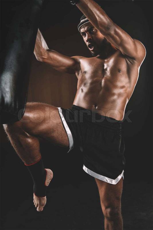Concentrated muay thai fighter practicing kick on punching bag, action sport concept, stock photo