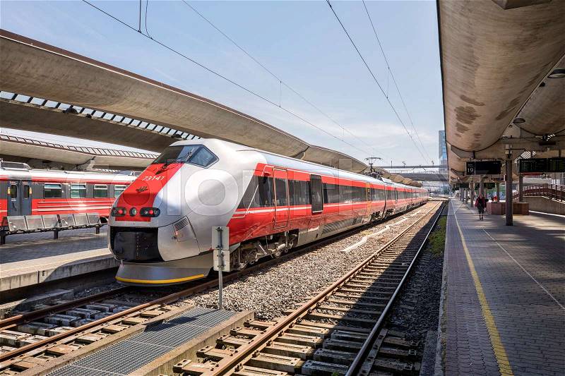 Norwegian high speed train at Oslo central station a bright summer day, stock photo