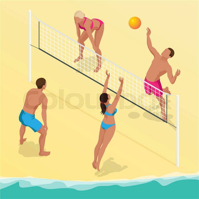 Beach volley ball player jumps on the net and tries to blocks the ball. Summer active holiday concept. Vector isometric illustration, vector