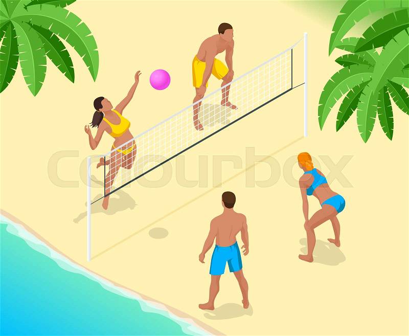 Beach volley ball player jumps on the net and tries to blocks the ball. Summer active holiday concept. Vector isometric illustration, vector