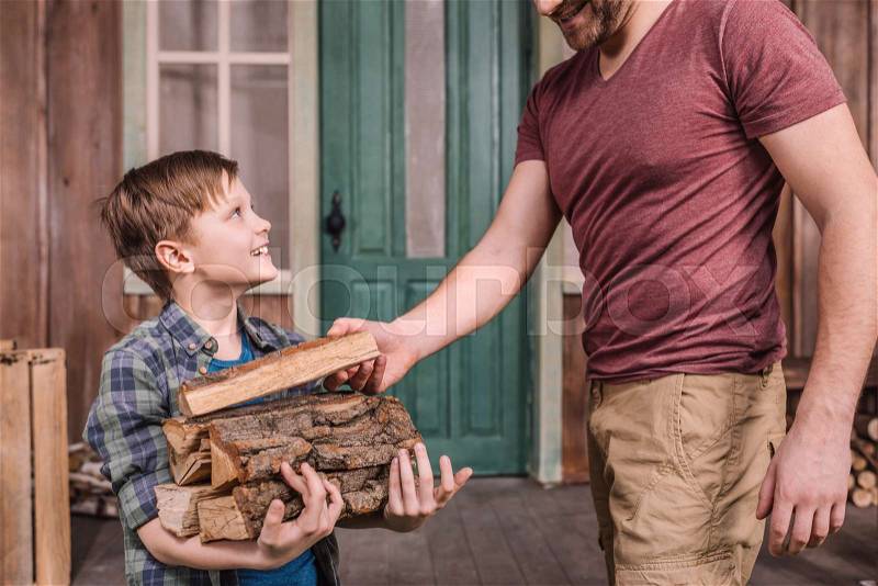 Father with little son collecting wood logs at backyard, dad and son cooking, stock photo