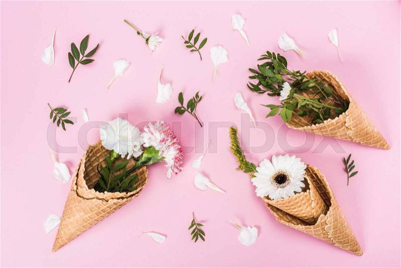 Top view of flowers in sugar cones with leaves and petals laying on pink table, still life, stock photo