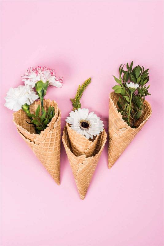 Top view of flowers in sugar cones with leaves and petals laying on pink table, still life, stock photo