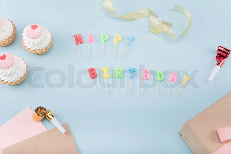 Top view of birthday cakes with gift box mock-up, birthday party, stock photo