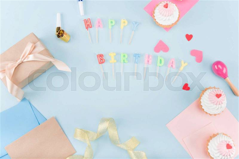 Top view of birthday cakes with gift box mock-up, birthday party, stock photo