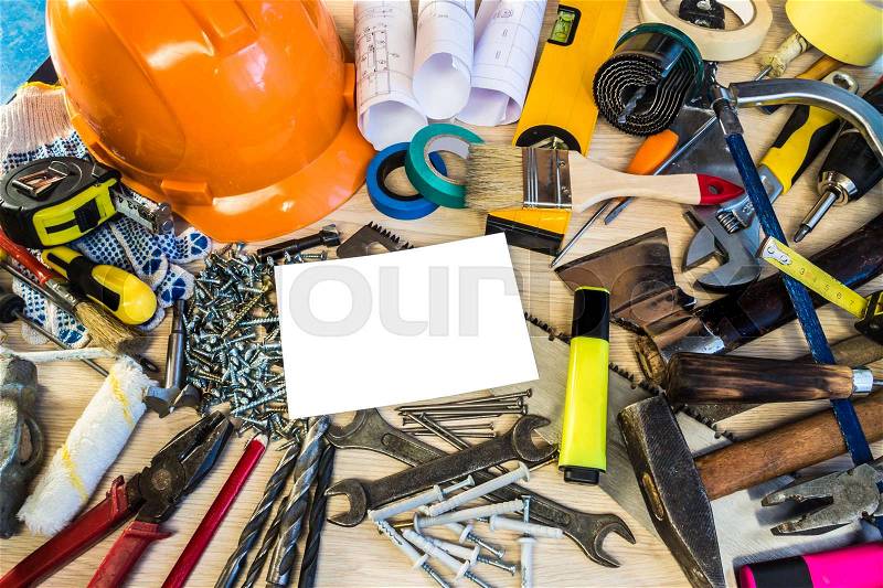 Many construction tools, construction composition tool suitcase, work plan, power tools, building, stock photo