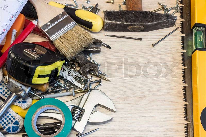 Set of construction tools, the tools lie around, center free, composition power tools, stock photo
