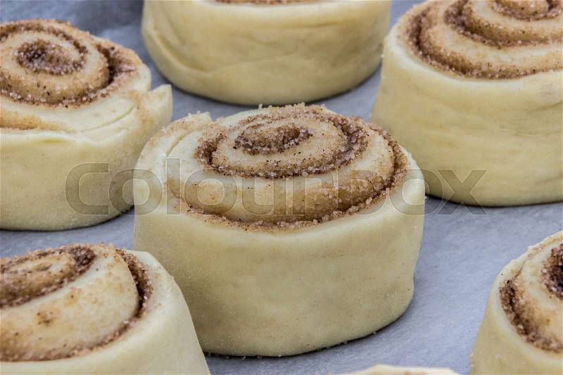 Appetizing uncooked cinnamon buns, stock photo