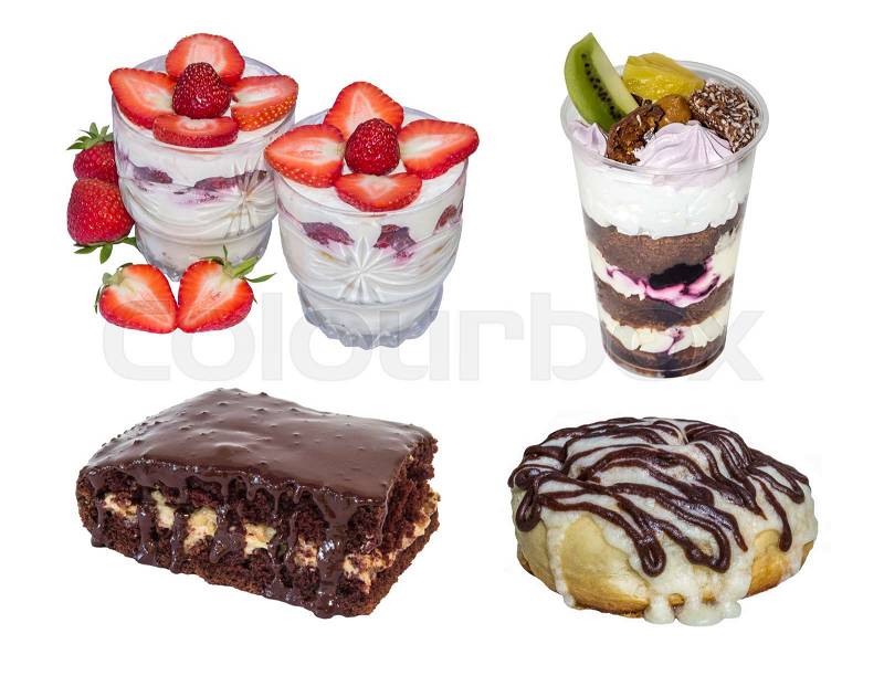 Set cake: trifle, cheesecake dessert, chocolate cake, cinnamon roll, isolated on white background, stock photo