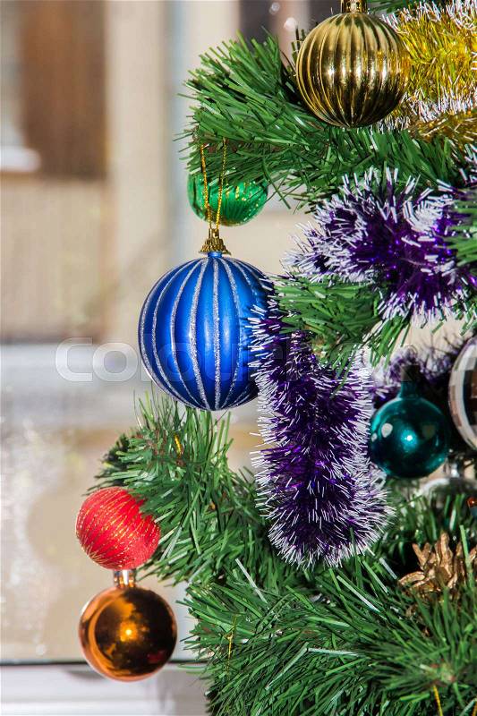Christmas-tree decorations on firtree. Christmas picture, stock photo