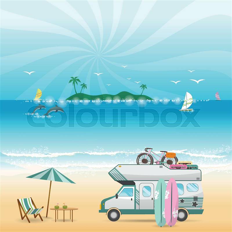 Summer beach camping island landscape with caravan camper, sea view, Family travel campsite scene in flat style. Vacation postcard concept. vector illustration, vector
